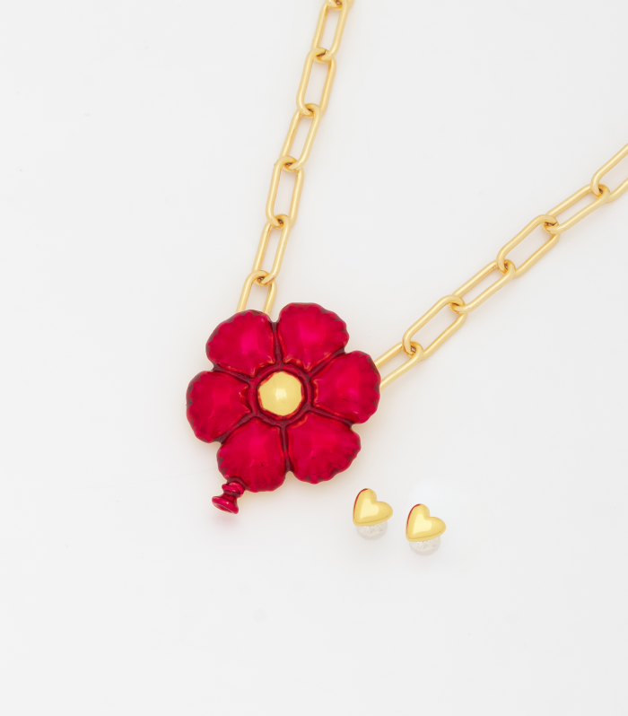 Collar Flor Globo Redondo Fucsia + Aretes – Gold